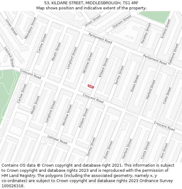 53, KILDARE STREET, MIDDLESBROUGH, TS1 4RF: Location map and indicative extent of plot