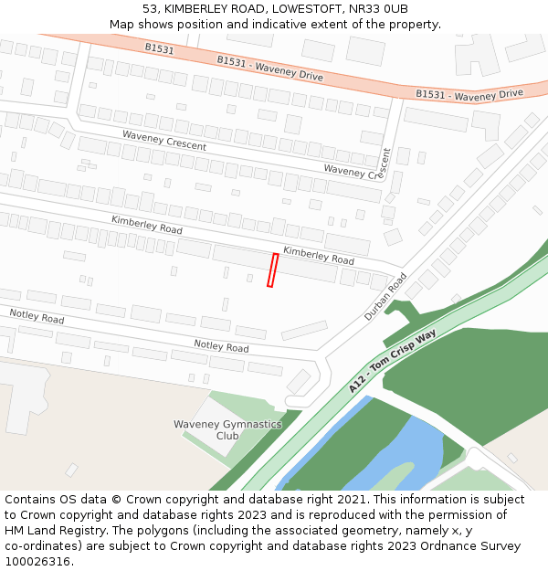 53, KIMBERLEY ROAD, LOWESTOFT, NR33 0UB: Location map and indicative extent of plot