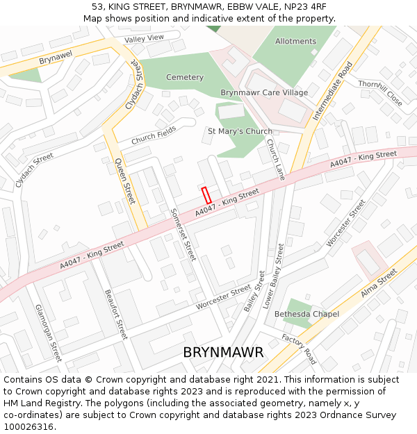 53, KING STREET, BRYNMAWR, EBBW VALE, NP23 4RF: Location map and indicative extent of plot