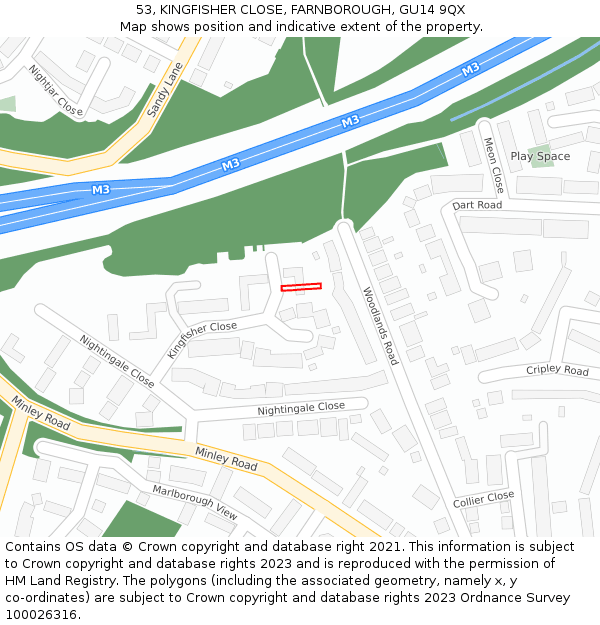53, KINGFISHER CLOSE, FARNBOROUGH, GU14 9QX: Location map and indicative extent of plot