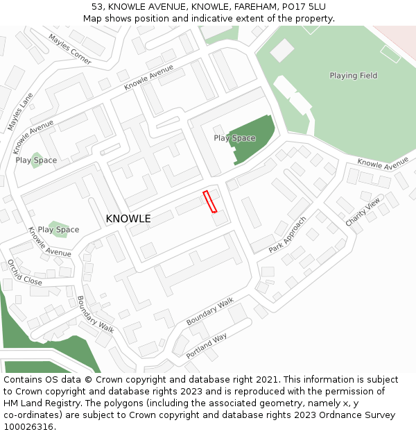 53, KNOWLE AVENUE, KNOWLE, FAREHAM, PO17 5LU: Location map and indicative extent of plot