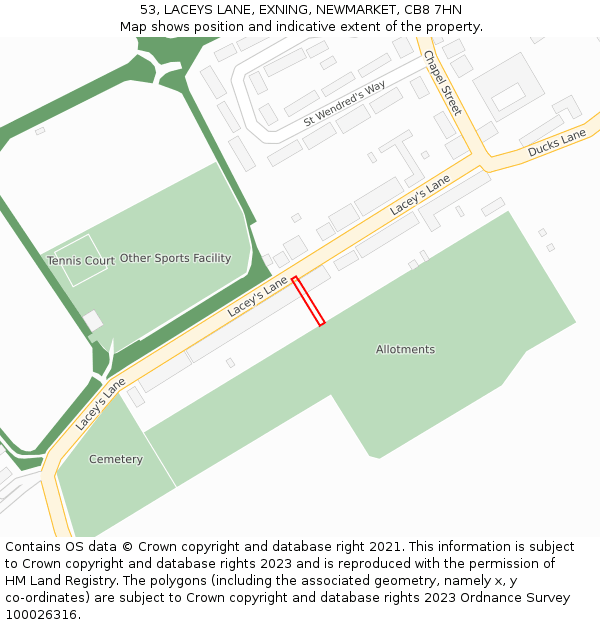 53, LACEYS LANE, EXNING, NEWMARKET, CB8 7HN: Location map and indicative extent of plot