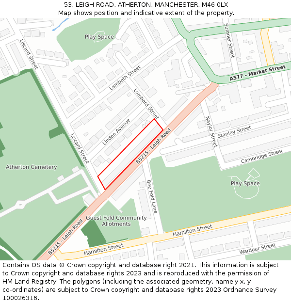 53, LEIGH ROAD, ATHERTON, MANCHESTER, M46 0LX: Location map and indicative extent of plot