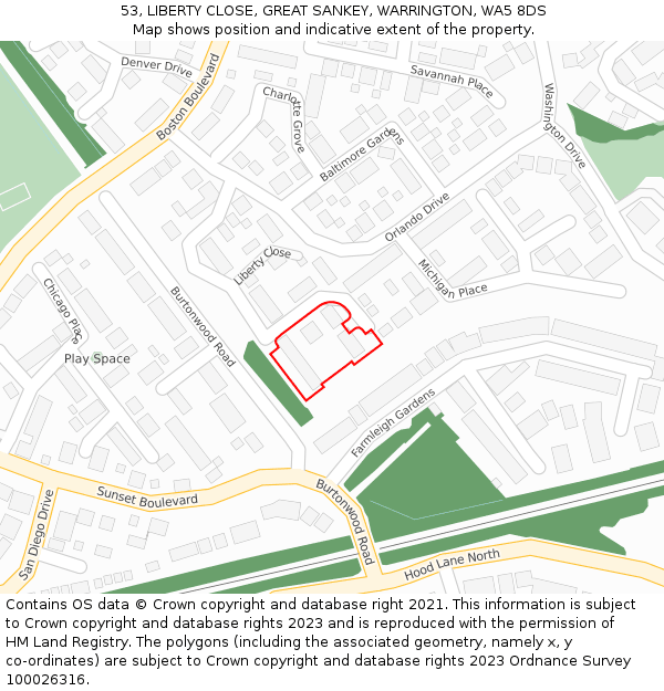 53, LIBERTY CLOSE, GREAT SANKEY, WARRINGTON, WA5 8DS: Location map and indicative extent of plot