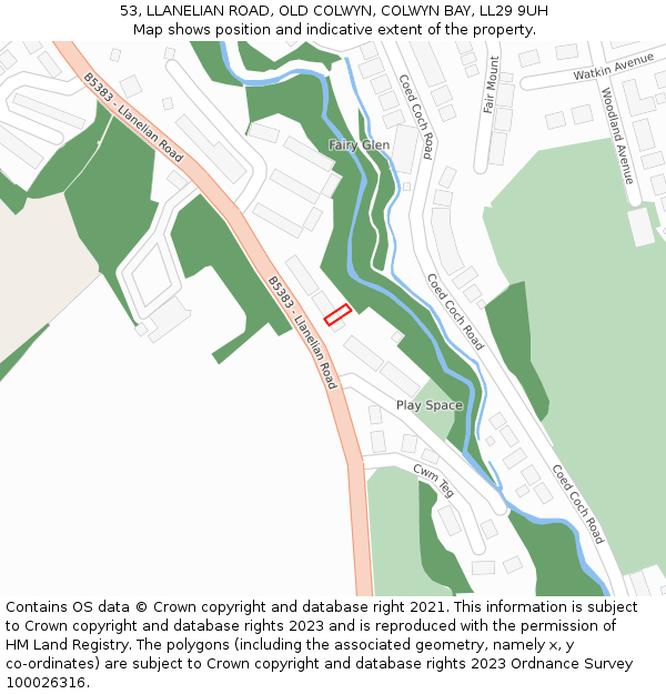 53, LLANELIAN ROAD, OLD COLWYN, COLWYN BAY, LL29 9UH: Location map and indicative extent of plot