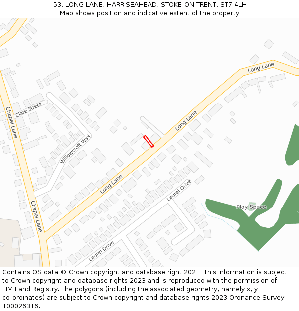 53, LONG LANE, HARRISEAHEAD, STOKE-ON-TRENT, ST7 4LH: Location map and indicative extent of plot