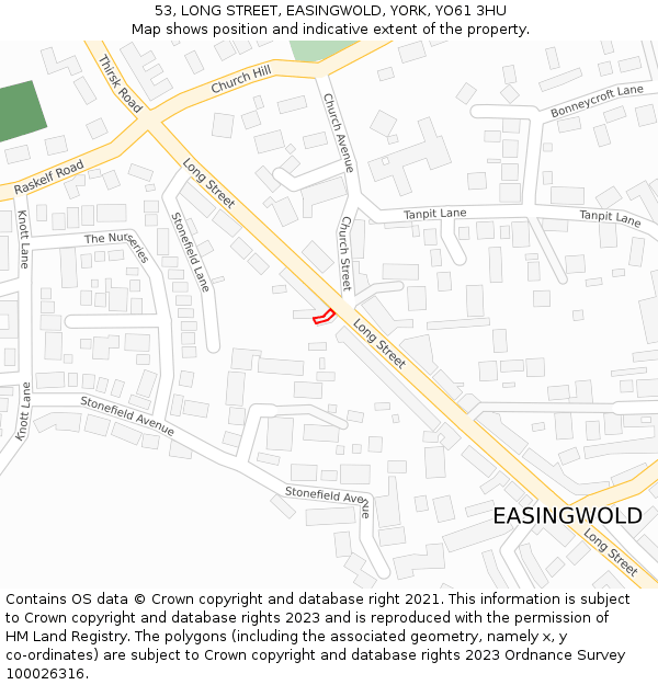 53, LONG STREET, EASINGWOLD, YORK, YO61 3HU: Location map and indicative extent of plot