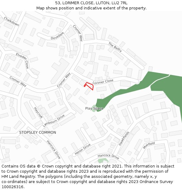 53, LORIMER CLOSE, LUTON, LU2 7RL: Location map and indicative extent of plot