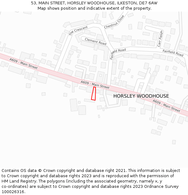 53, MAIN STREET, HORSLEY WOODHOUSE, ILKESTON, DE7 6AW: Location map and indicative extent of plot