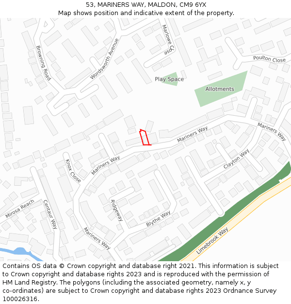 53, MARINERS WAY, MALDON, CM9 6YX: Location map and indicative extent of plot