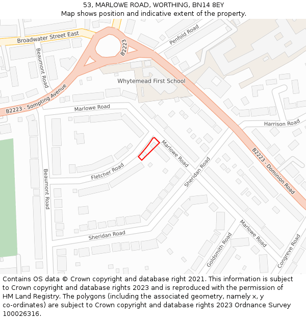 53, MARLOWE ROAD, WORTHING, BN14 8EY: Location map and indicative extent of plot