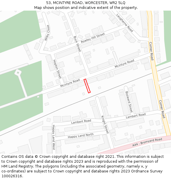 53, MCINTYRE ROAD, WORCESTER, WR2 5LQ: Location map and indicative extent of plot