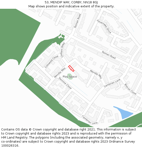 53, MENDIP WAY, CORBY, NN18 8GJ: Location map and indicative extent of plot