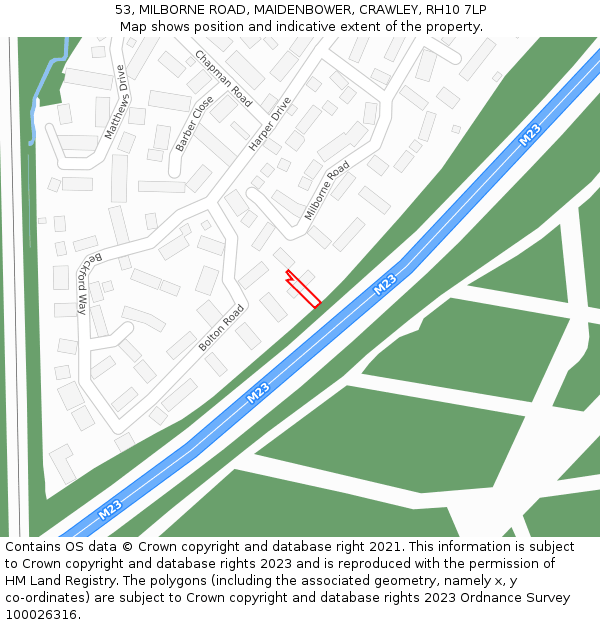 53, MILBORNE ROAD, MAIDENBOWER, CRAWLEY, RH10 7LP: Location map and indicative extent of plot