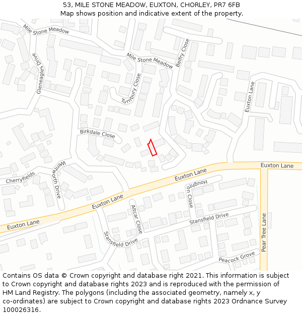 53, MILE STONE MEADOW, EUXTON, CHORLEY, PR7 6FB: Location map and indicative extent of plot