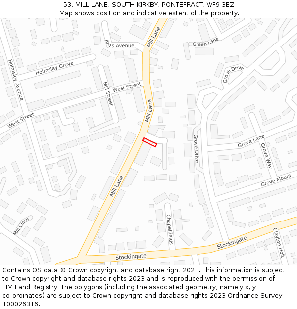 53, MILL LANE, SOUTH KIRKBY, PONTEFRACT, WF9 3EZ: Location map and indicative extent of plot