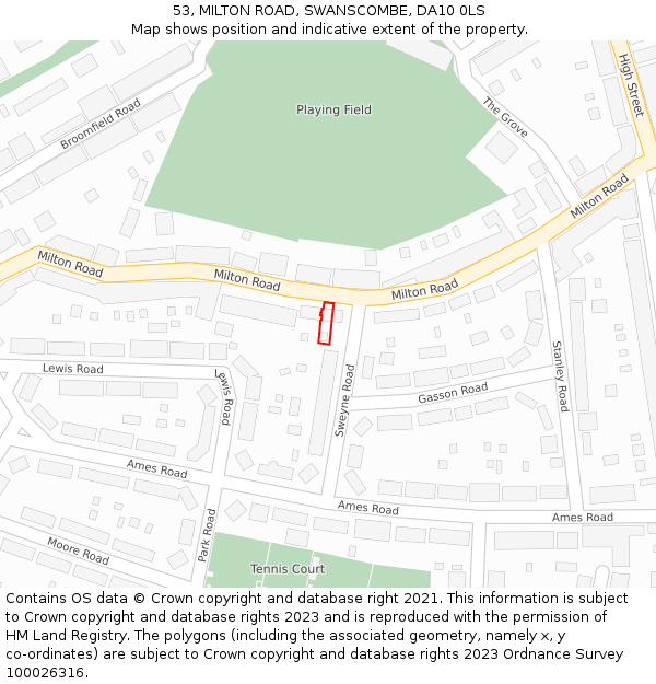 53, MILTON ROAD, SWANSCOMBE, DA10 0LS: Location map and indicative extent of plot