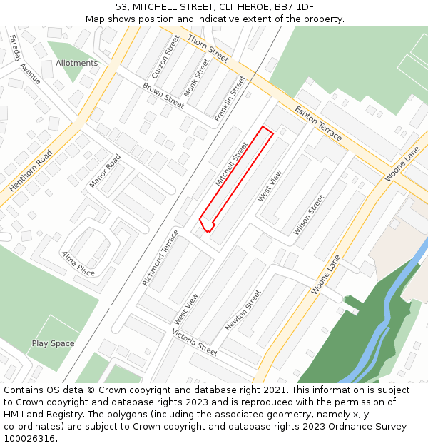 53, MITCHELL STREET, CLITHEROE, BB7 1DF: Location map and indicative extent of plot