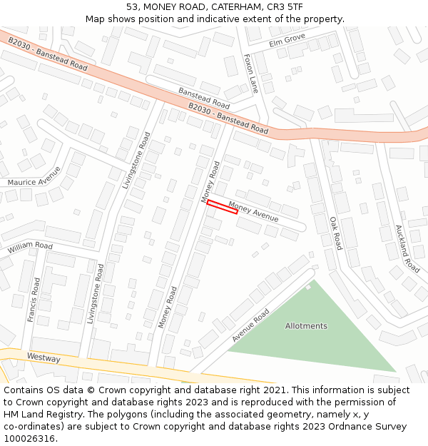 53, MONEY ROAD, CATERHAM, CR3 5TF: Location map and indicative extent of plot