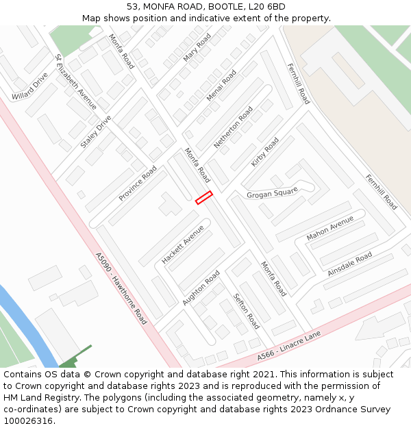53, MONFA ROAD, BOOTLE, L20 6BD: Location map and indicative extent of plot