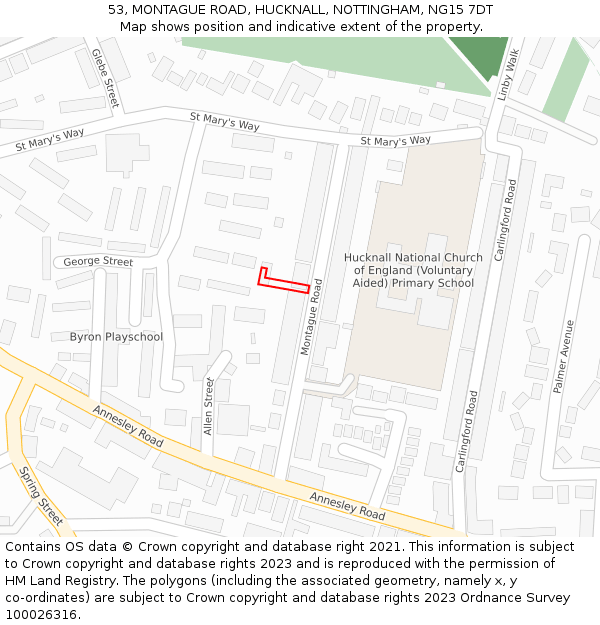 53, MONTAGUE ROAD, HUCKNALL, NOTTINGHAM, NG15 7DT: Location map and indicative extent of plot