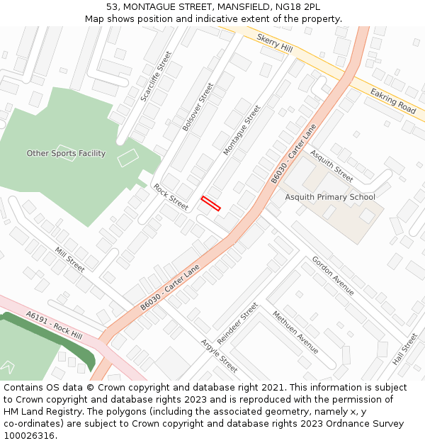 53, MONTAGUE STREET, MANSFIELD, NG18 2PL: Location map and indicative extent of plot