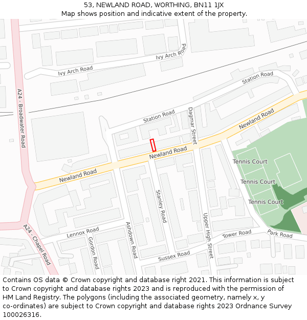 53, NEWLAND ROAD, WORTHING, BN11 1JX: Location map and indicative extent of plot
