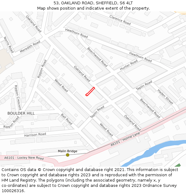 53, OAKLAND ROAD, SHEFFIELD, S6 4LT: Location map and indicative extent of plot