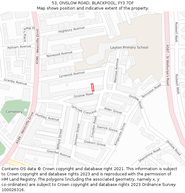 53, ONSLOW ROAD, BLACKPOOL, FY3 7DF: Location map and indicative extent of plot