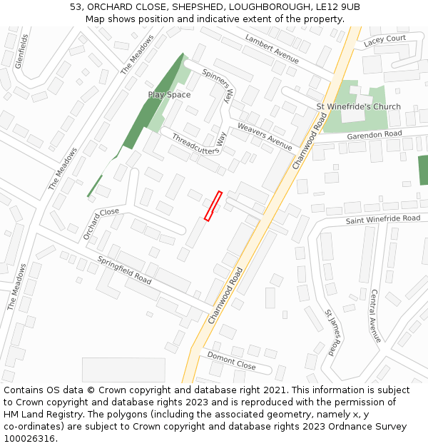 53, ORCHARD CLOSE, SHEPSHED, LOUGHBOROUGH, LE12 9UB: Location map and indicative extent of plot