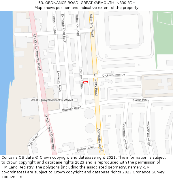 53, ORDNANCE ROAD, GREAT YARMOUTH, NR30 3DH: Location map and indicative extent of plot