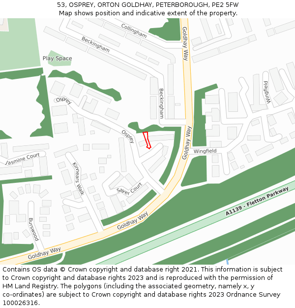 53, OSPREY, ORTON GOLDHAY, PETERBOROUGH, PE2 5FW: Location map and indicative extent of plot