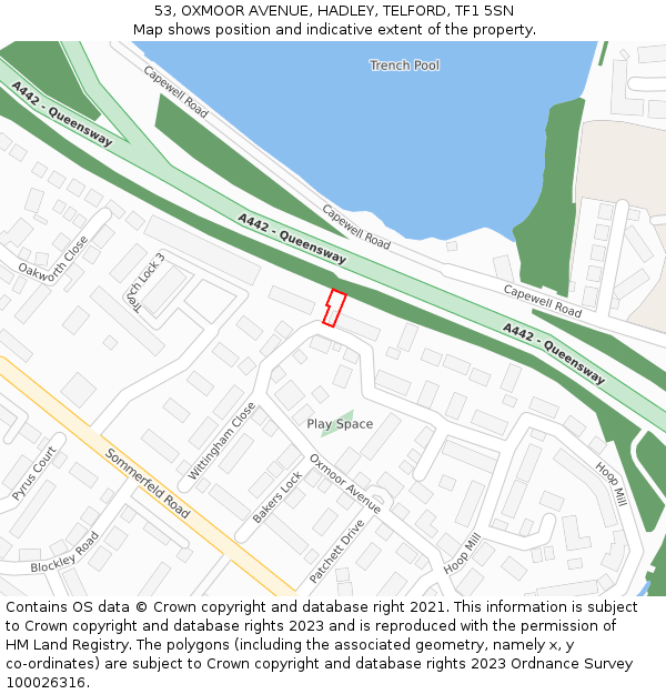 53, OXMOOR AVENUE, HADLEY, TELFORD, TF1 5SN: Location map and indicative extent of plot