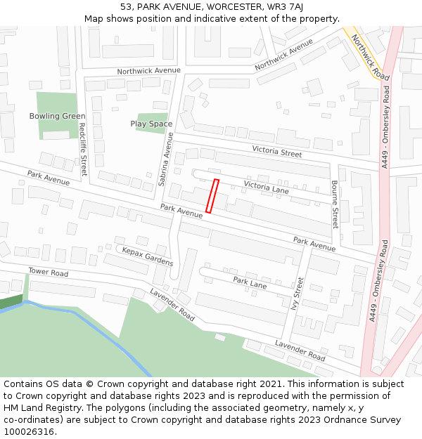 53, PARK AVENUE, WORCESTER, WR3 7AJ: Location map and indicative extent of plot