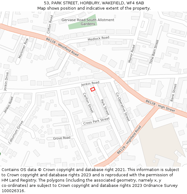 53, PARK STREET, HORBURY, WAKEFIELD, WF4 6AB: Location map and indicative extent of plot