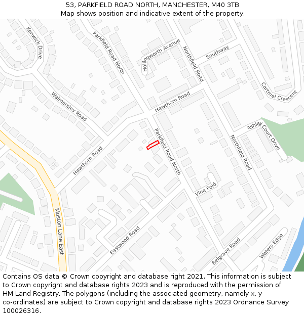 53, PARKFIELD ROAD NORTH, MANCHESTER, M40 3TB: Location map and indicative extent of plot