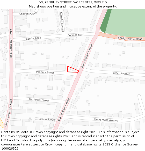 53, PENBURY STREET, WORCESTER, WR3 7JD: Location map and indicative extent of plot