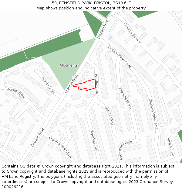 53, PENSFIELD PARK, BRISTOL, BS10 6LE: Location map and indicative extent of plot
