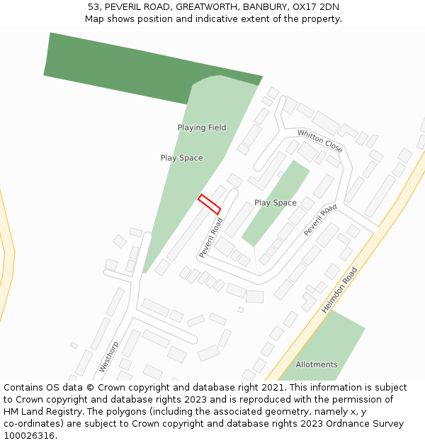 53, PEVERIL ROAD, GREATWORTH, BANBURY, OX17 2DN: Location map and indicative extent of plot