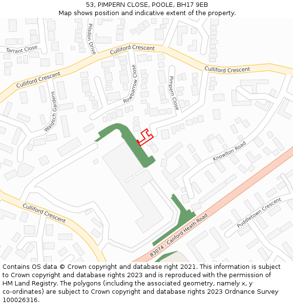 53, PIMPERN CLOSE, POOLE, BH17 9EB: Location map and indicative extent of plot