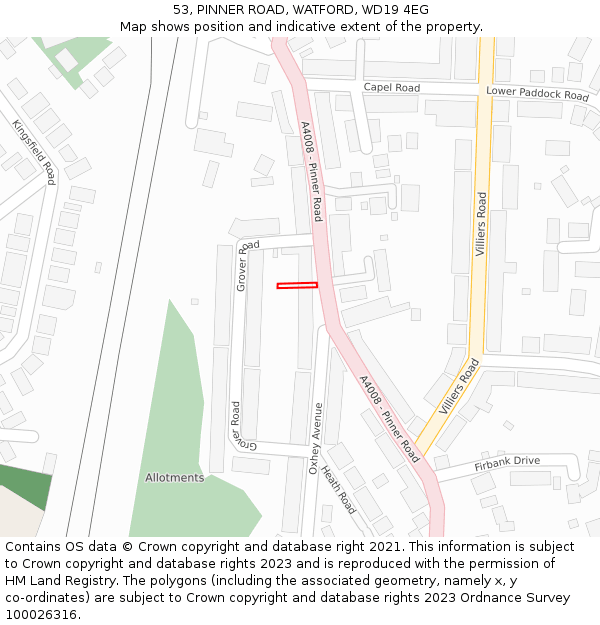 53, PINNER ROAD, WATFORD, WD19 4EG: Location map and indicative extent of plot