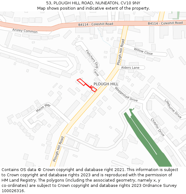 53, PLOUGH HILL ROAD, NUNEATON, CV10 9NY: Location map and indicative extent of plot