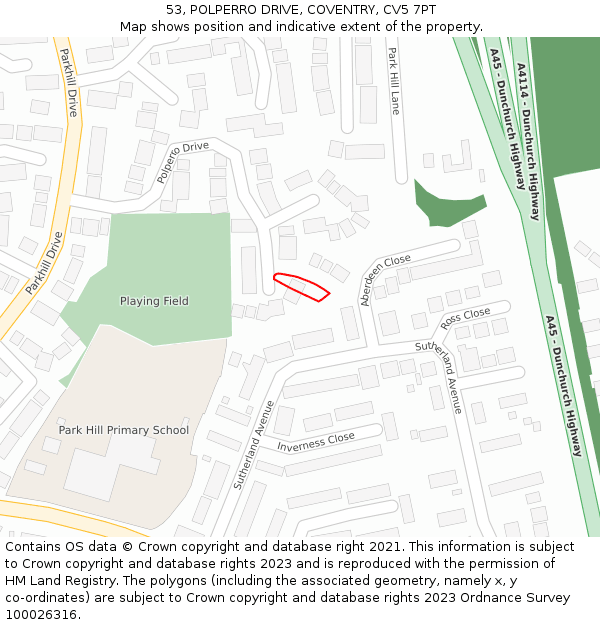 53, POLPERRO DRIVE, COVENTRY, CV5 7PT: Location map and indicative extent of plot