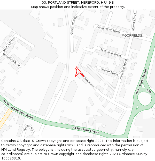 53, PORTLAND STREET, HEREFORD, HR4 9JE: Location map and indicative extent of plot