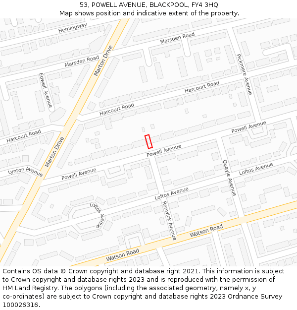 53, POWELL AVENUE, BLACKPOOL, FY4 3HQ: Location map and indicative extent of plot