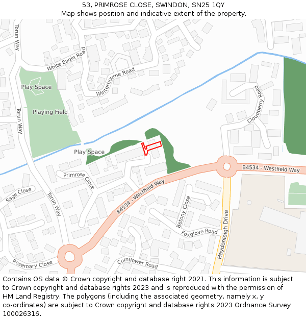 53, PRIMROSE CLOSE, SWINDON, SN25 1QY: Location map and indicative extent of plot