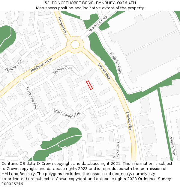 53, PRINCETHORPE DRIVE, BANBURY, OX16 4FN: Location map and indicative extent of plot