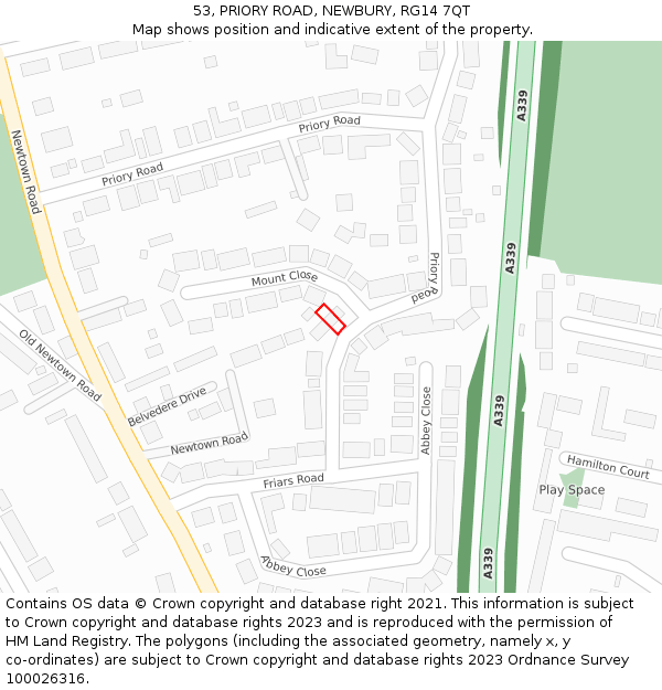 53, PRIORY ROAD, NEWBURY, RG14 7QT: Location map and indicative extent of plot