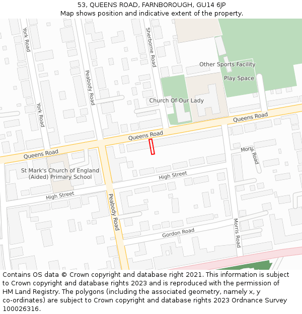 53, QUEENS ROAD, FARNBOROUGH, GU14 6JP: Location map and indicative extent of plot