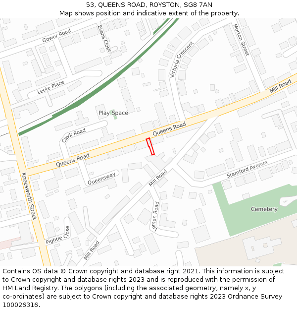 53, QUEENS ROAD, ROYSTON, SG8 7AN: Location map and indicative extent of plot